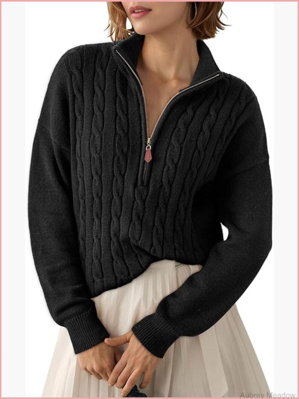 Quarter Zip Ribbed Cable Knit Pullover Sweater Womens
